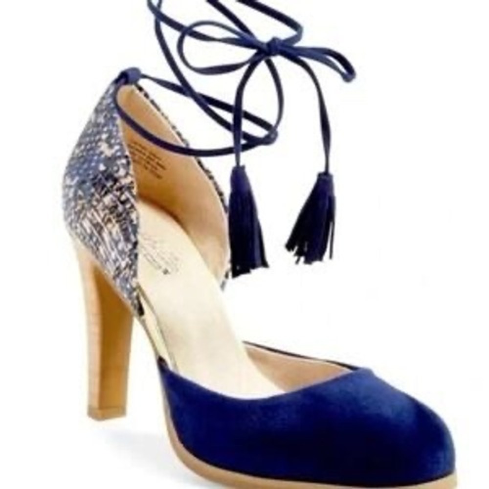 Seychelles Navy Blue Suede Snakeskin Tassel Wrap Ankle Tie High Heels Pumps
